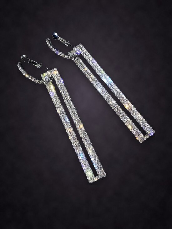 Jewelry - Long Rhinestone Rectangle Drop Earrings, Silver Tone Crystal Bars NWT